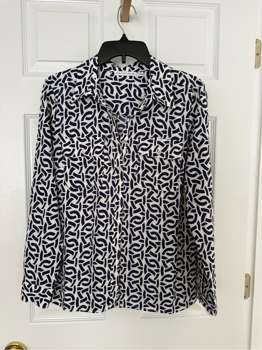 Notations Navy and White Geometric Button-Front Shirt